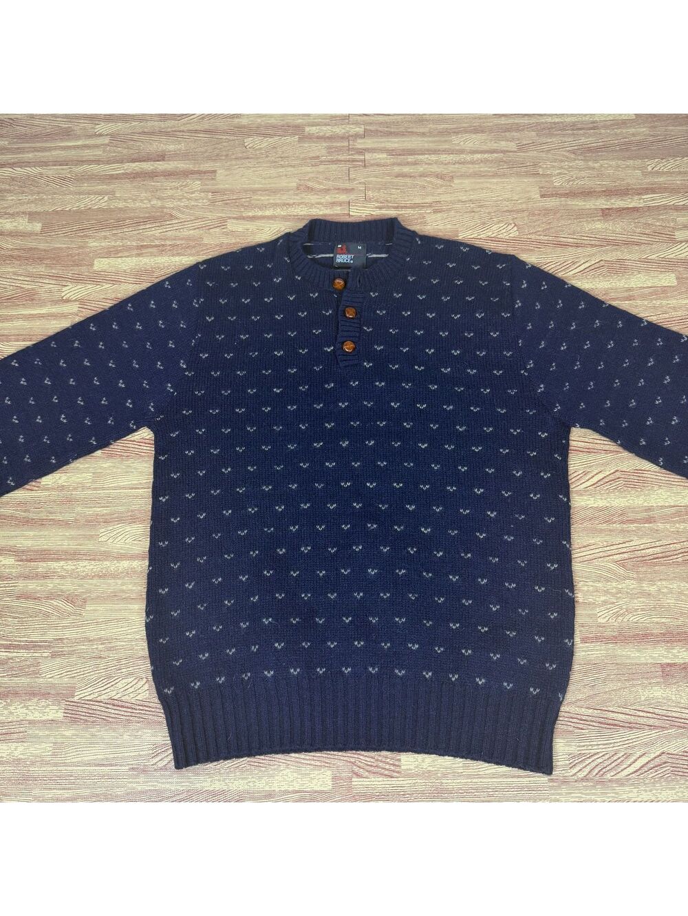 Vintage Robert Bruce Sweater Medium Mens Navy Blue Wool Blend Henley USA